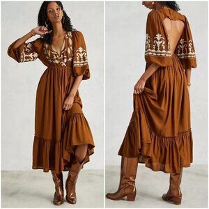 Anthropologie Let Me Be Embroidered Open-Back Bell Sleeve Brown Maxi Dress